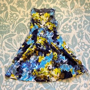Size 6 Maggy London Blue and Yellow Floral maximalist fit and flare midi dress